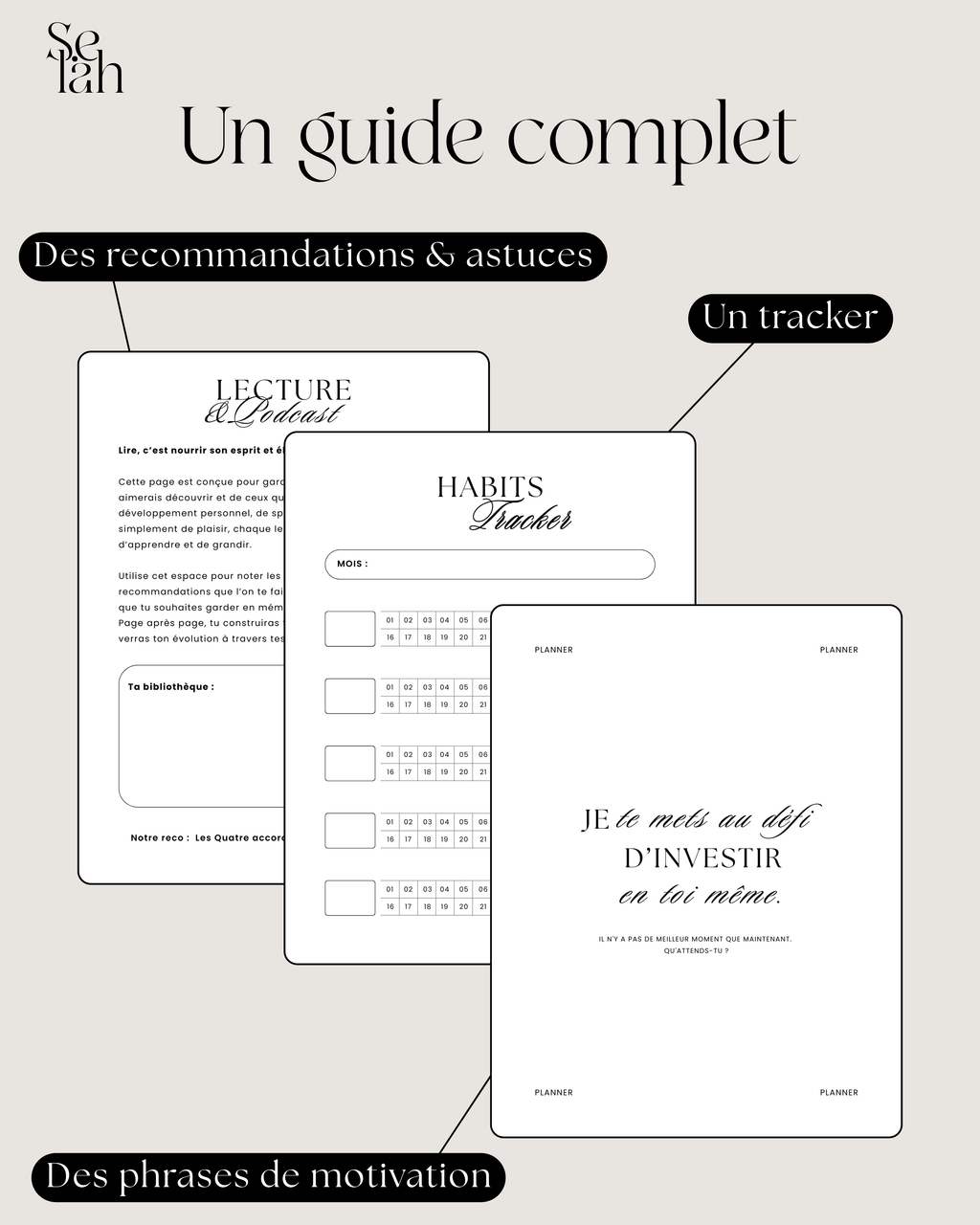 Image guide avec les pages du planner Selah